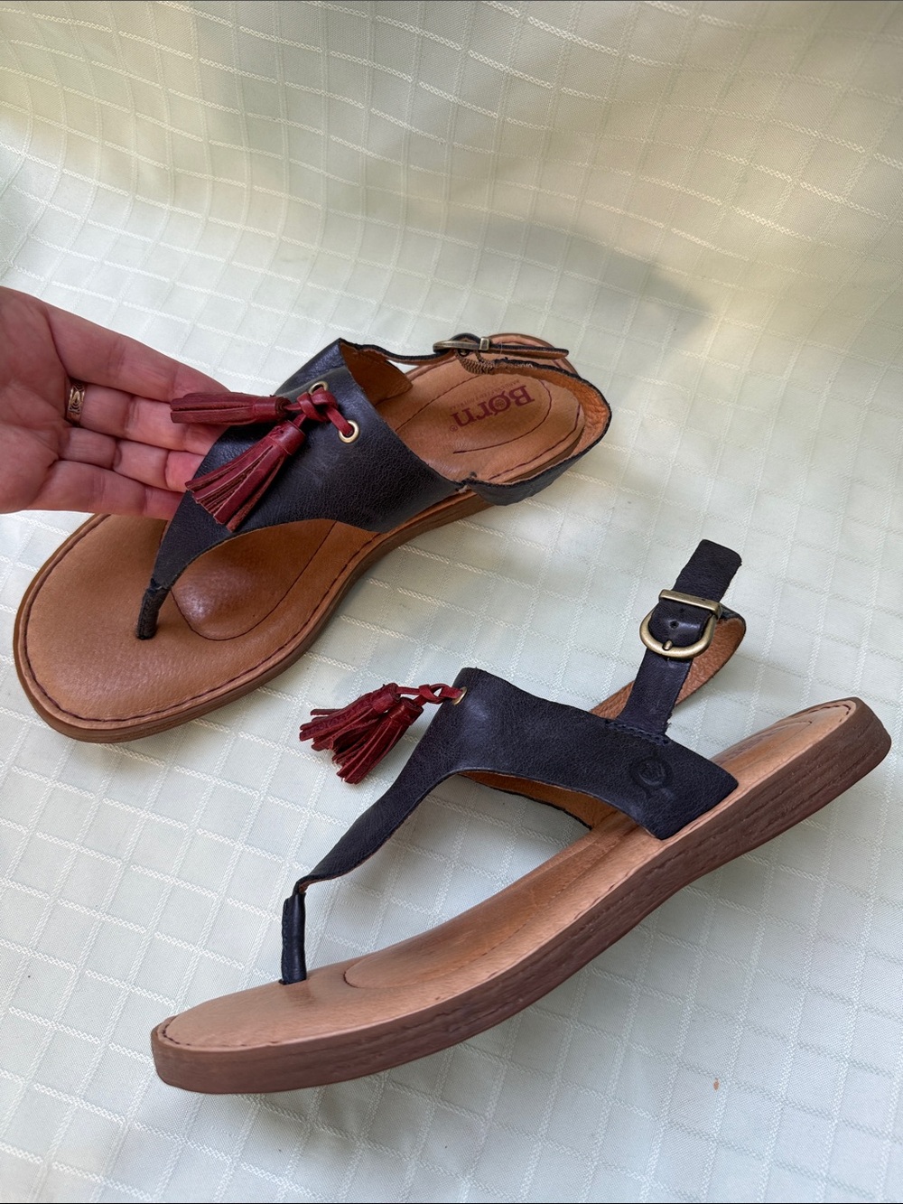 Born Dark Gray Leather Thong Leather Sandals with Burgundy Leather Tassels